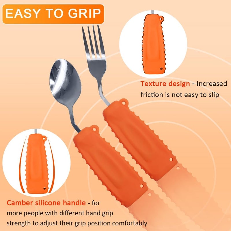 Ehucon Adaptive Utensils,Curved Angled Spoon and Fork Set,for Tremors Parkinsons Limited or Elderly,Weight Cutlery with Non-Slip Easy Grip Handles - Image 2